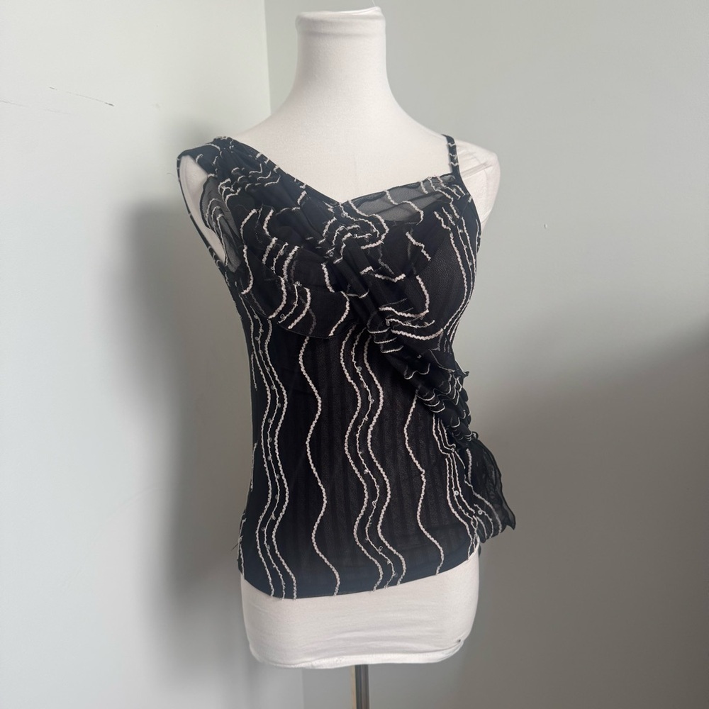 Y2K Ruched Mesh Top — Asymmetrical Drape & Sheer Waves sequins sparkly XS/S goth - Picture 4 of 8